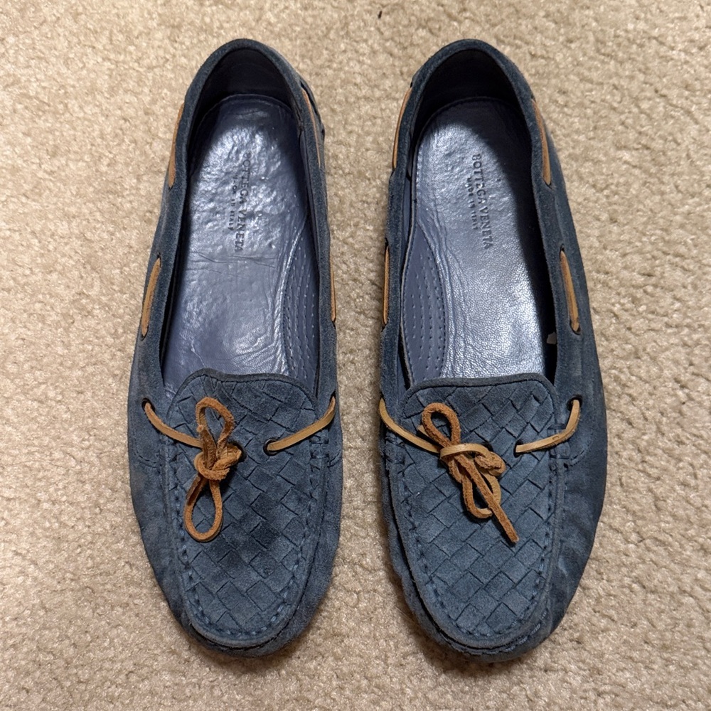 Bottega Veneta Blue Suede Loafers with Tan Accents
